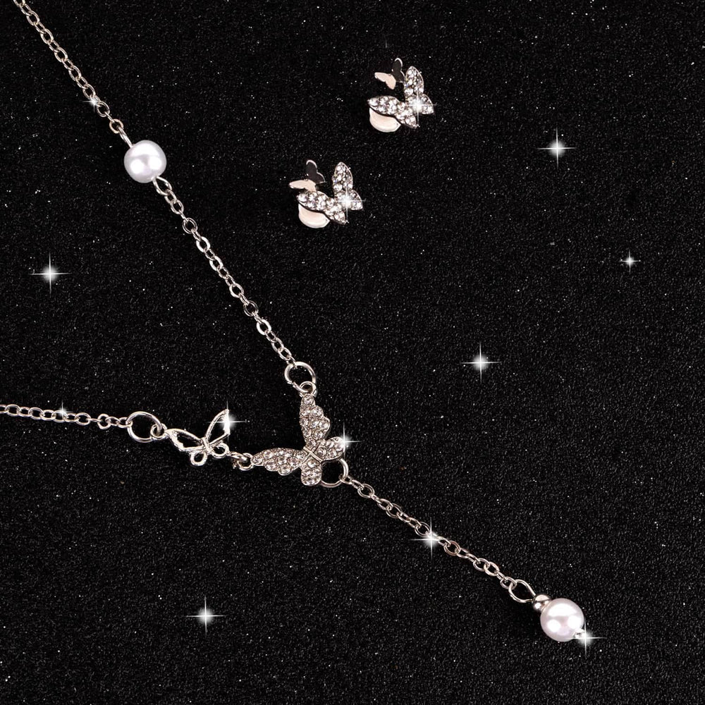 Load image into Gallery viewer, Butterfly Jewelry Set - Silver Pearl Necklace Earrings