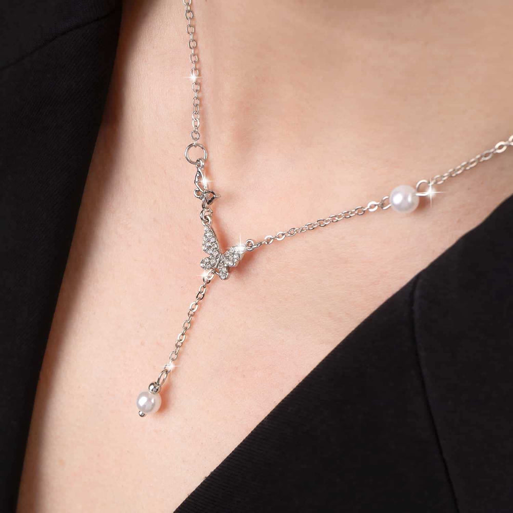 Load image into Gallery viewer, Butterfly Jewelry Set - Silver Pearl Necklace Earrings