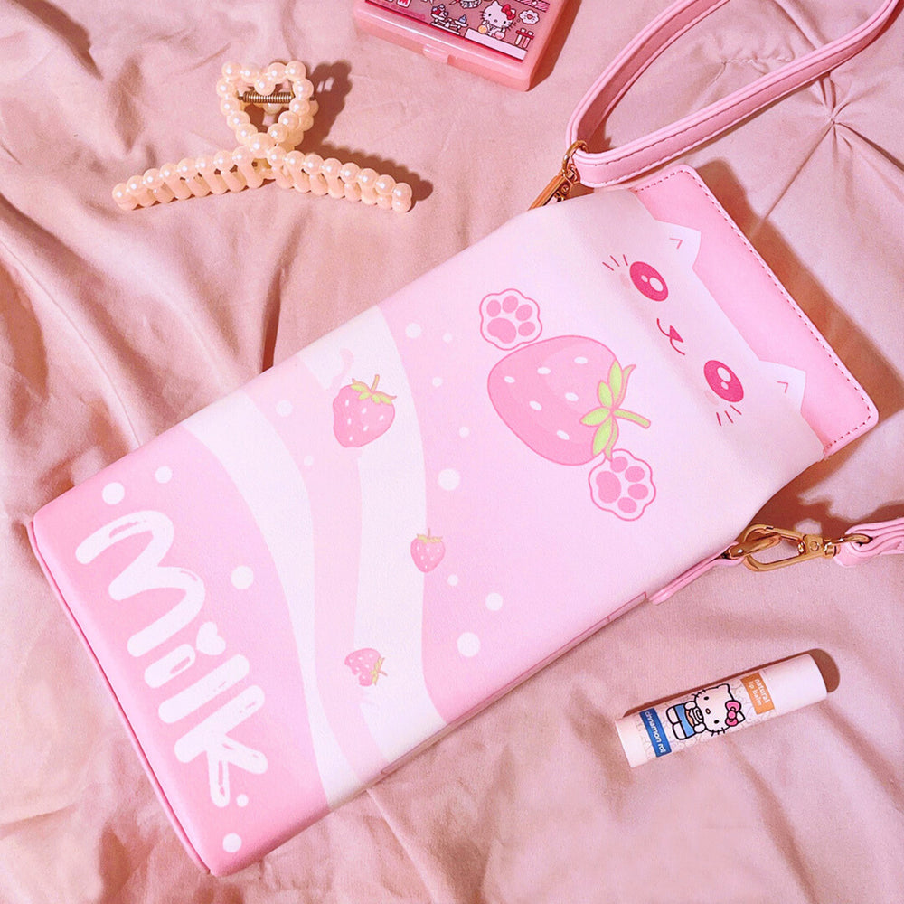Load image into Gallery viewer, Strawberry Milk Cat Purse | Pink Kawaii Anime Crossbody Bag
