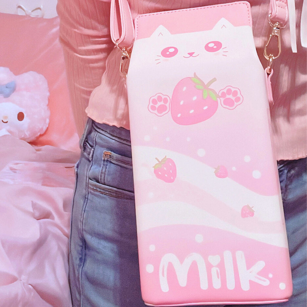 Load image into Gallery viewer, Strawberry Milk Cat Purse | Pink Kawaii Anime Crossbody Bag
