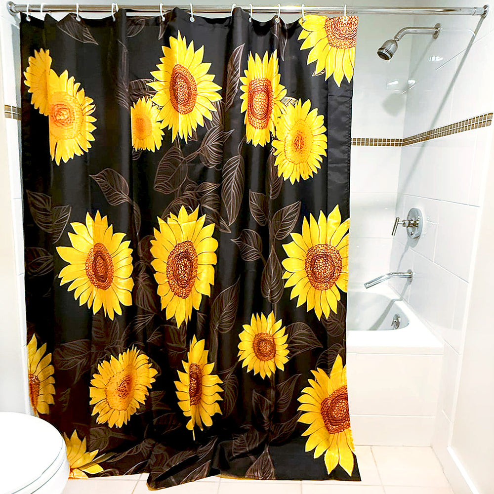Load image into Gallery viewer, Sunflower Boho Shower Curtain | Black &amp; Yellow Cute Floral Bathroom Decor

