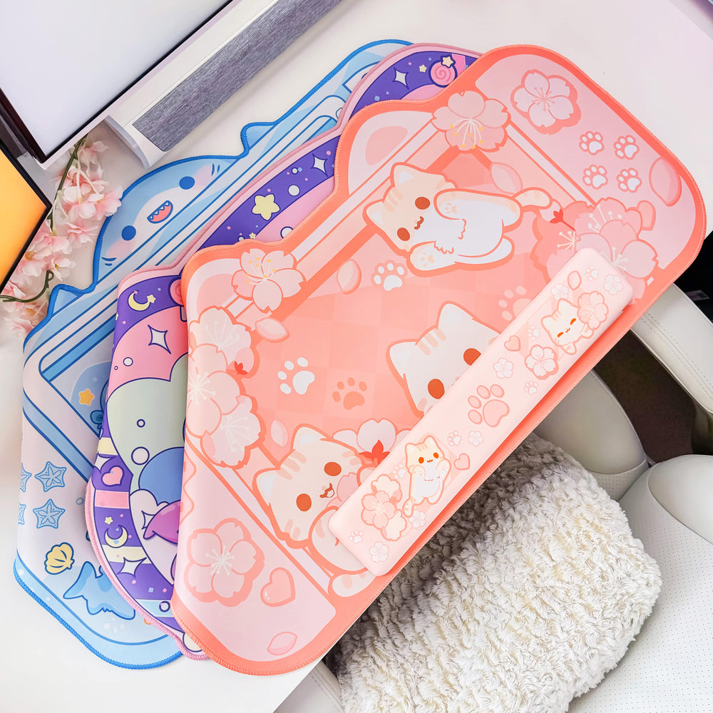 Load image into Gallery viewer, Kawaii Desk Mat Bundle – 3 Pack Anime Kirby Sakura Shark Mousepads
