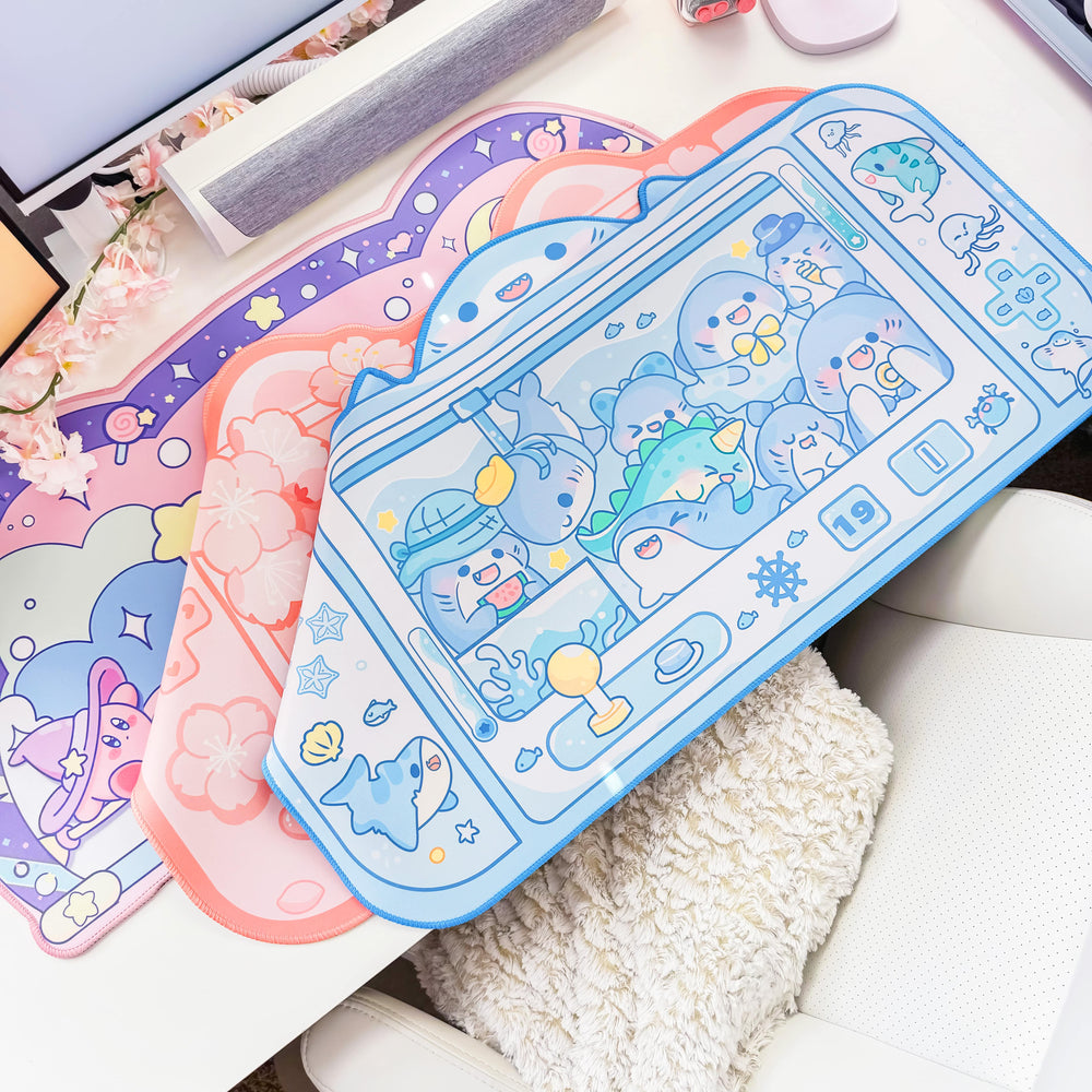Load image into Gallery viewer, Kawaii Desk Mat Bundle – 3 Pack Anime Kirby Sakura Shark Mousepads
