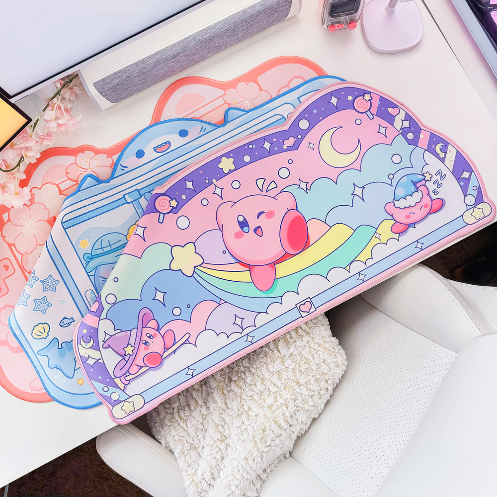 Load image into Gallery viewer, Kawaii Desk Mat Bundle – 3 Pack Anime Kirby Sakura Shark Mousepads
