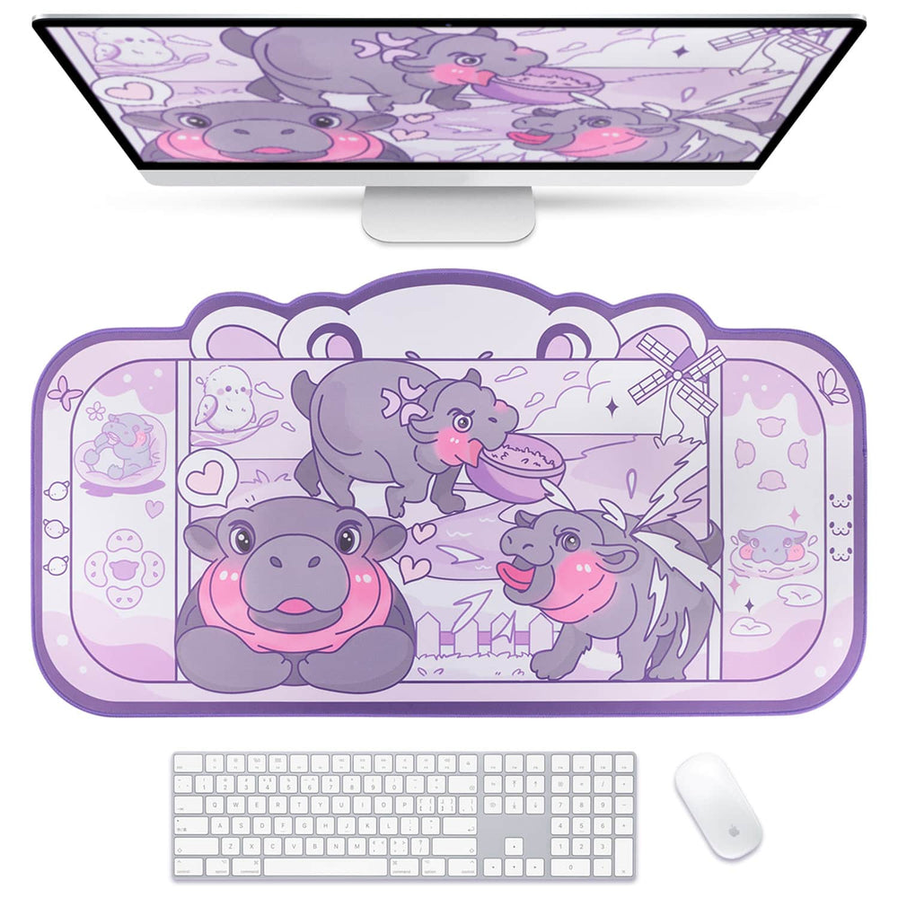 Load image into Gallery viewer, Moo Deng Baby Hippo Desk Mat | Kawaii Cute Pastel Large Gaming Mouse Pad
